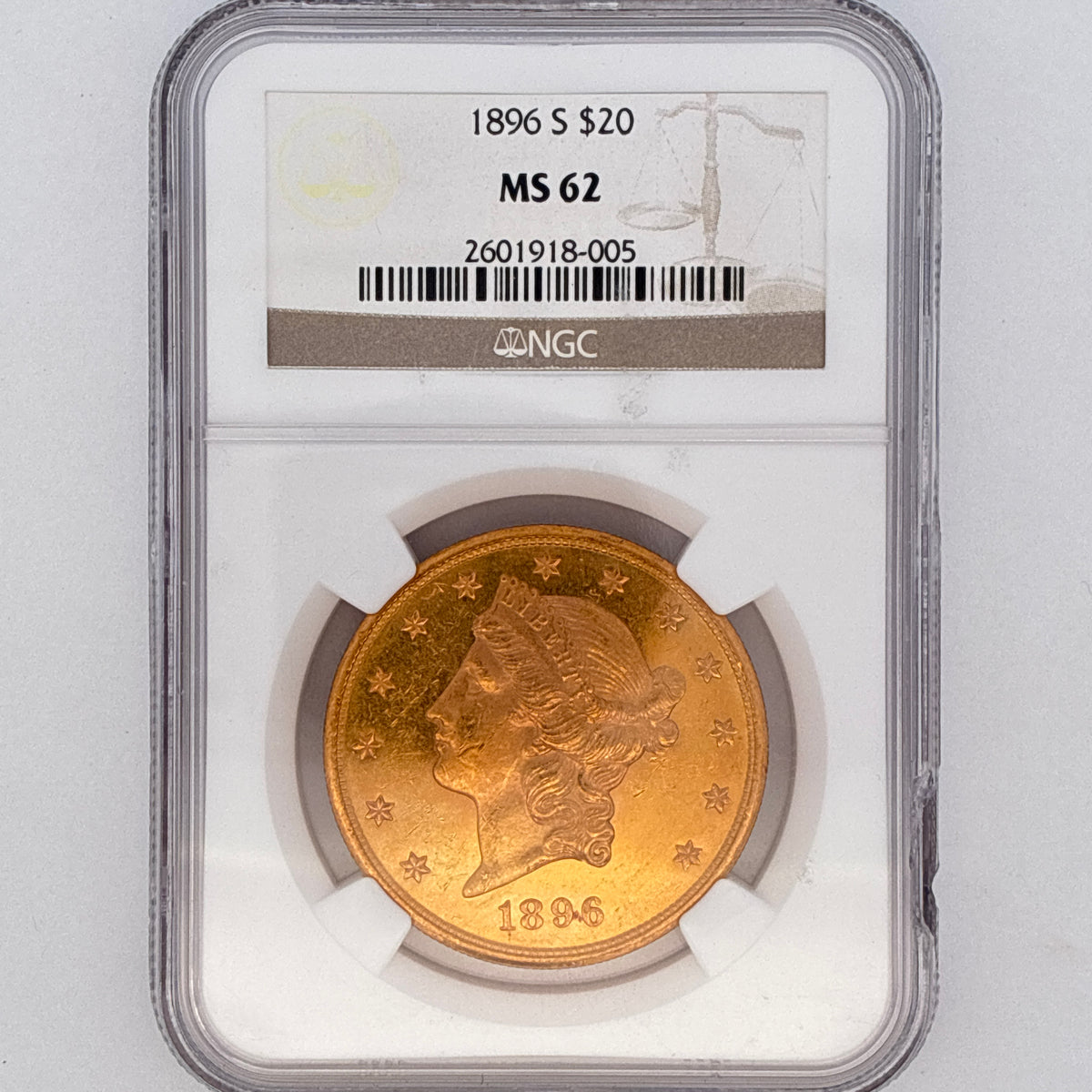 1896-S $20 Liberty Head Double Eagle MS62 NGC Graded