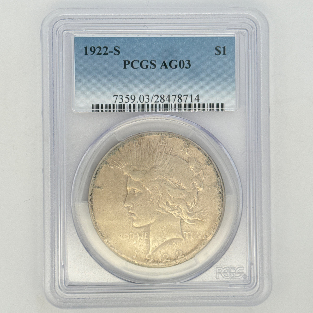 1922-S Peace Silver Dollar AG3 PCGS Graded