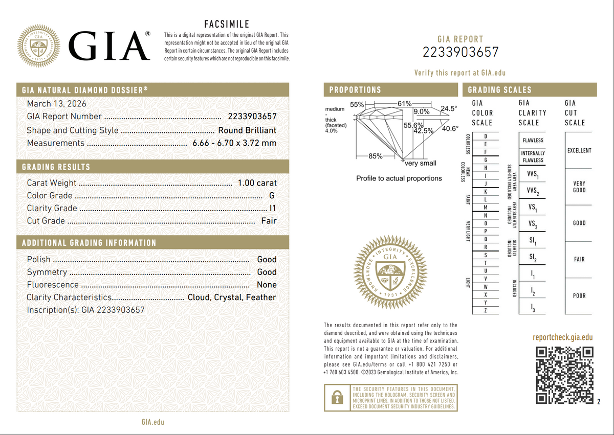 1.00 carat Natural Diamond, Round Brilliant, G I1, GIA Certified