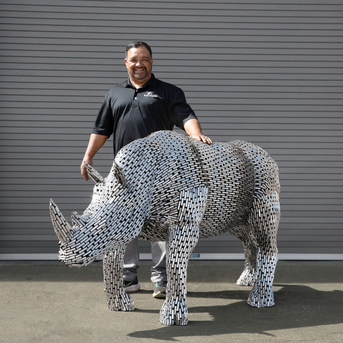 Kalifano Recycled Metal Art Walking Rhino Stainless Steel Pipe Sculpture SSS-R216