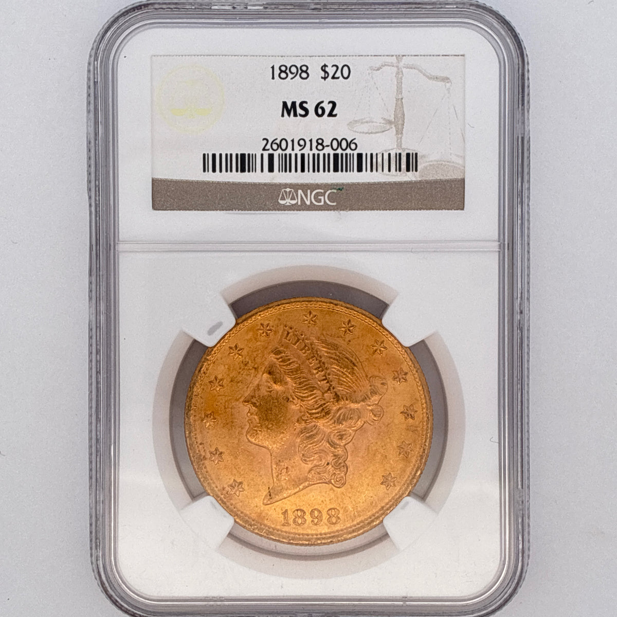 1898 $20 Liberty Head Double Eagle MS62 NGC Graded
