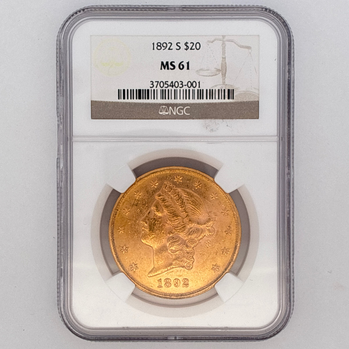 1892-S $20 Liberty Head Double Eagle MS61 NGC Graded