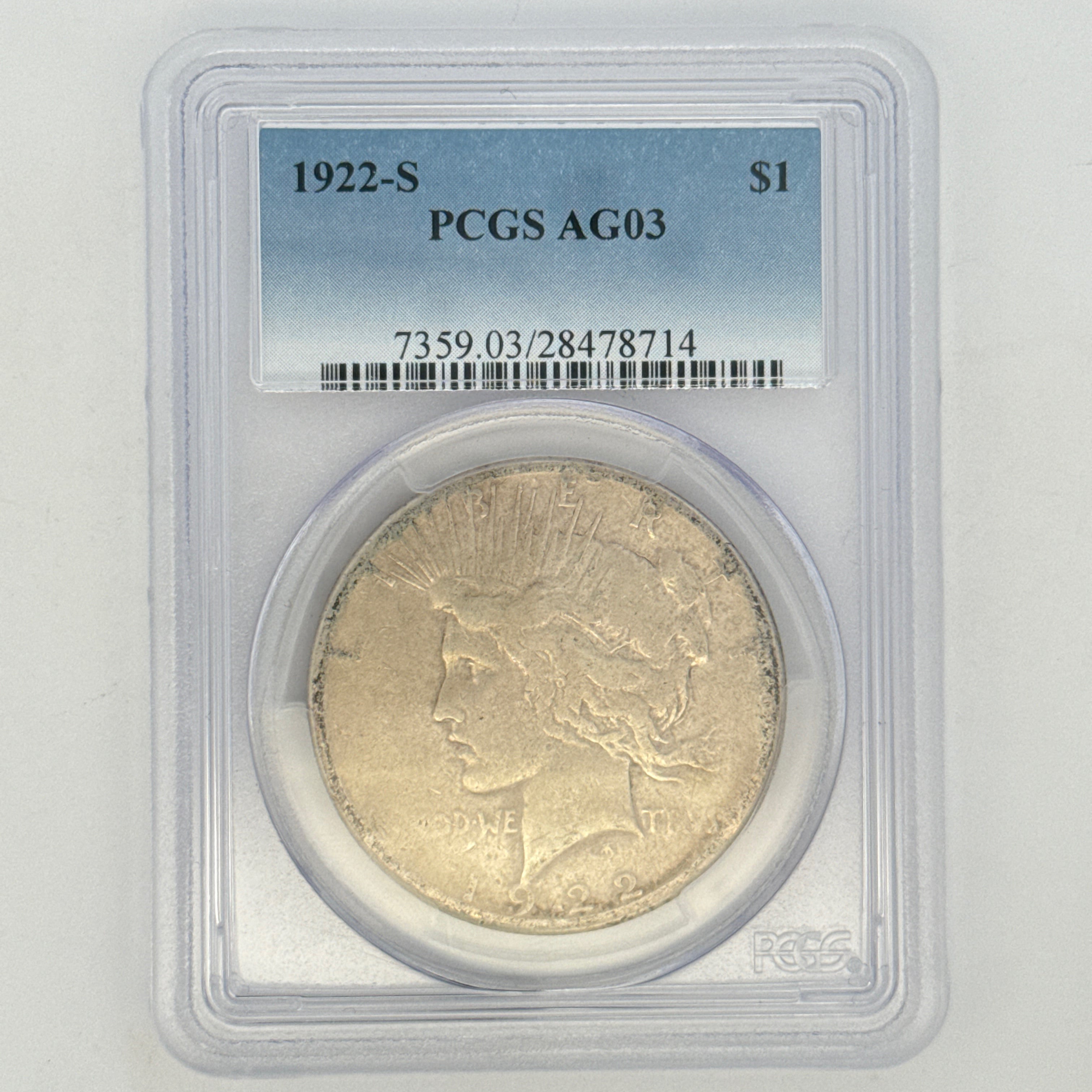 1922-S Peace Silver Dollar AG3 PCGS Graded