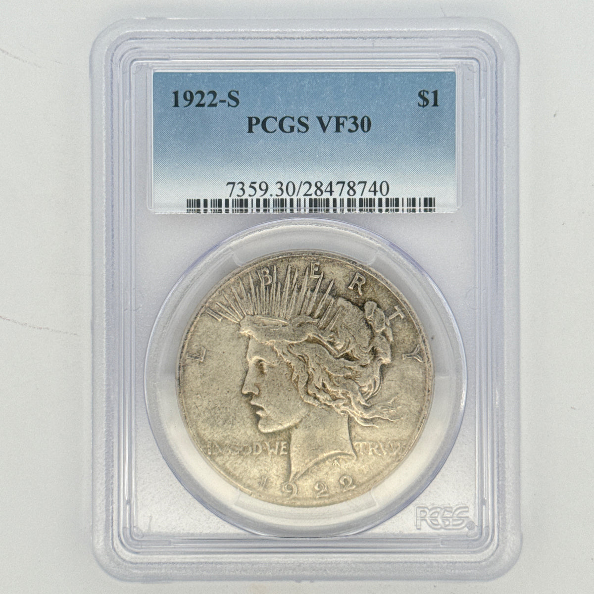 1922-S Peace Silver Dollar VF30 PCGS Graded