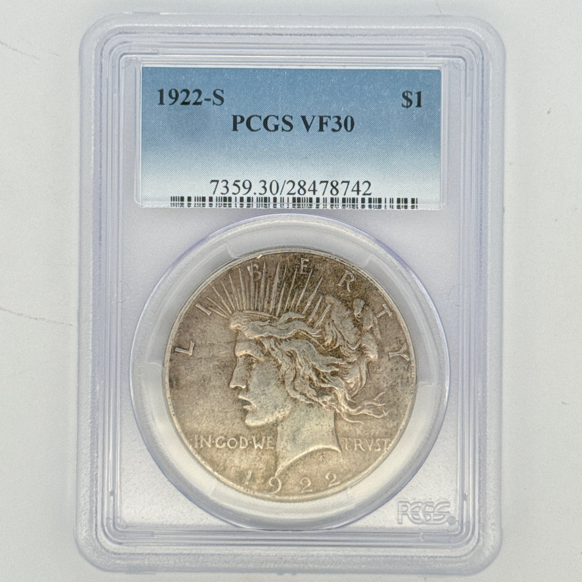 1922-S Peace Silver Dollar VF30 PCGS Graded