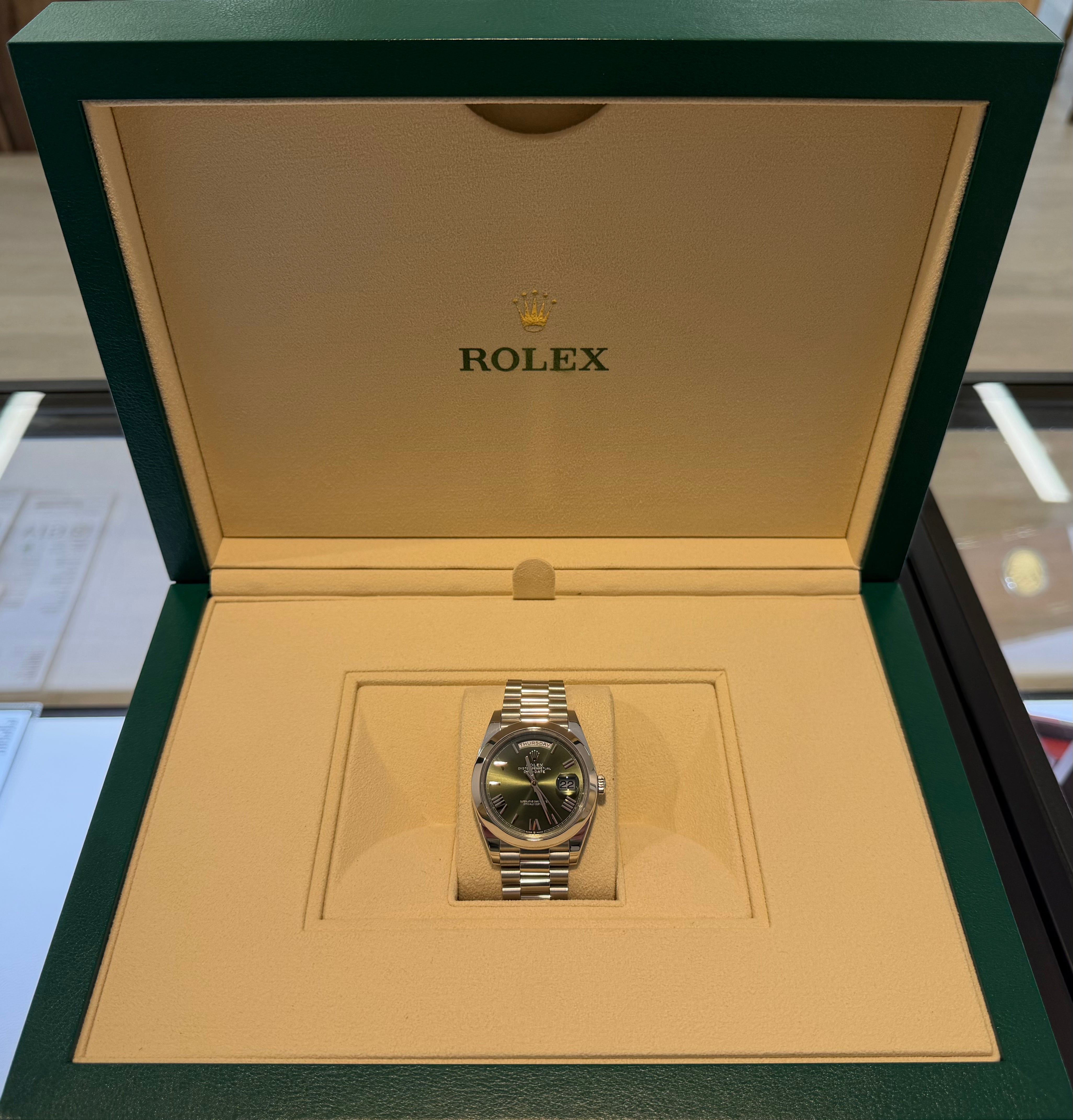 Rolex Platinum Day-Date, Olive Dial, Smooth Bracelet