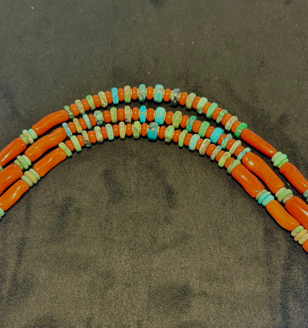 Larry Vasquez Gold, Roysten Turquoise and Mediterranean Coral Necklace