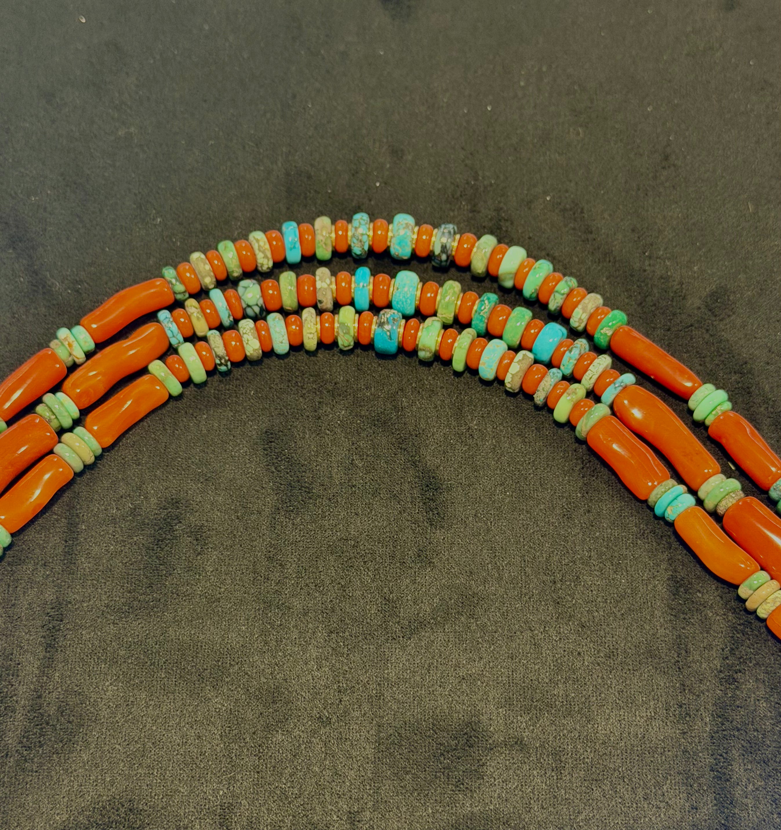 Larry Vasquez Gold, Roysten Turquoise and Mediterranean Coral Necklace