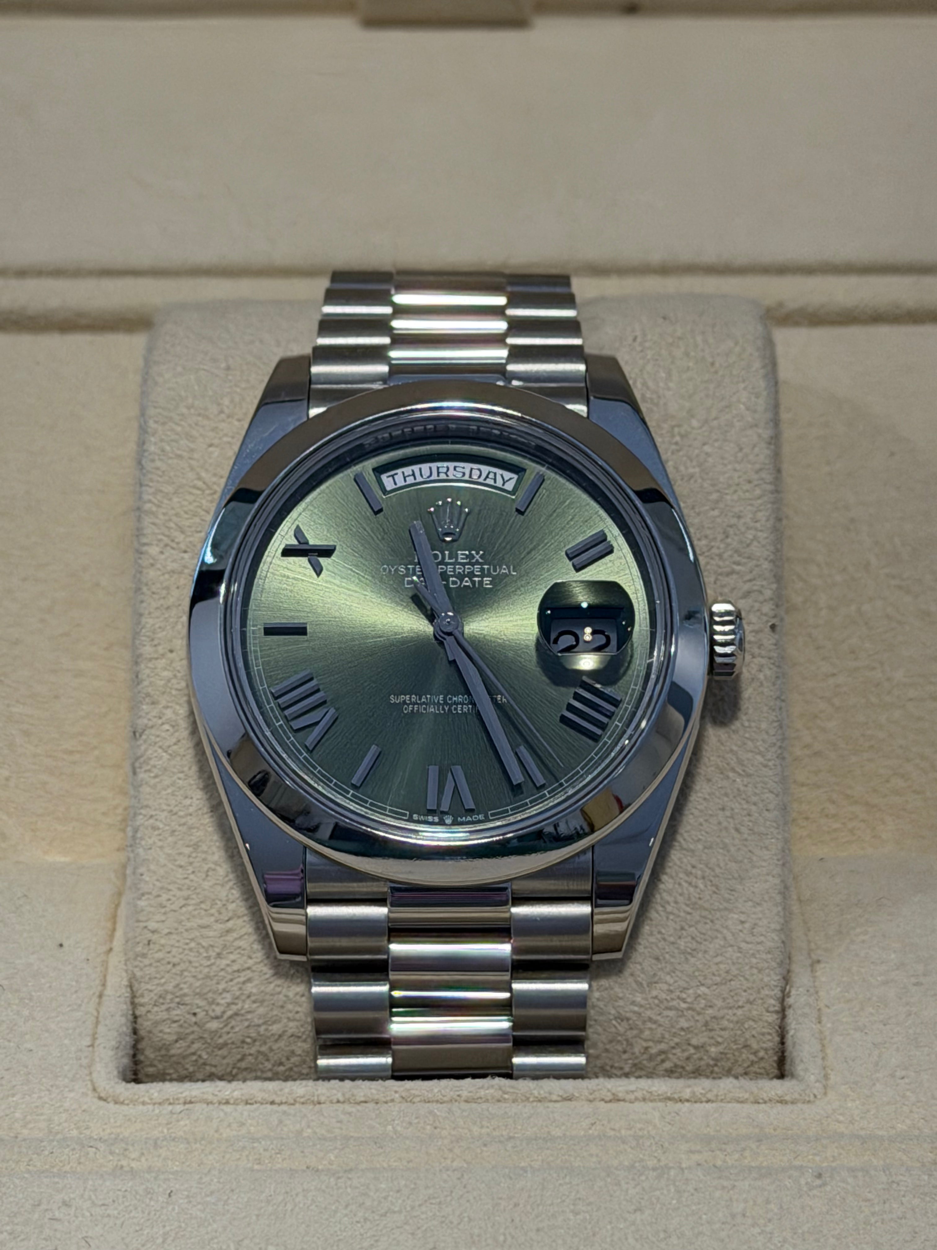 Rolex Platinum Day-Date, Olive Dial, Smooth Bracelet