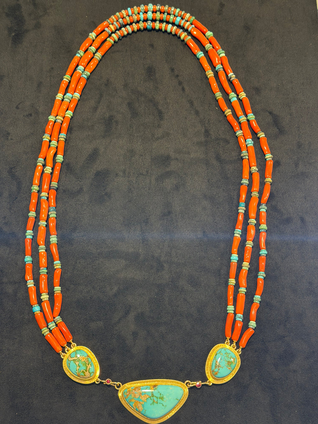 Larry Vasquez Gold, Roysten Turquoise and Mediterranean Coral Necklace