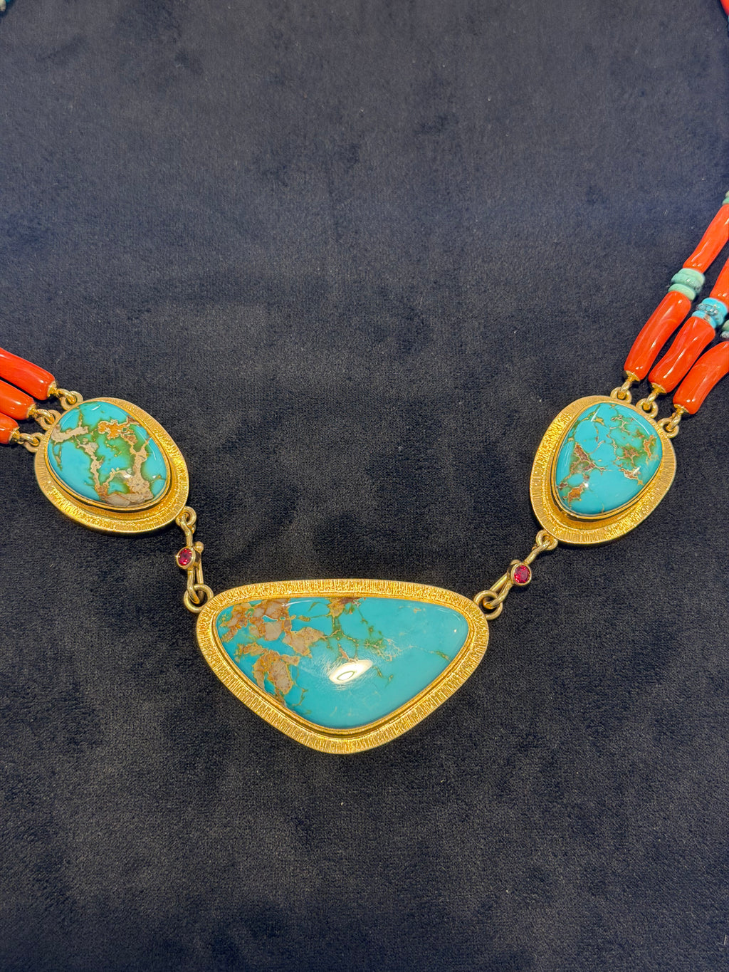 Larry Vasquez Gold, Roysten Turquoise and Mediterranean Coral Necklace