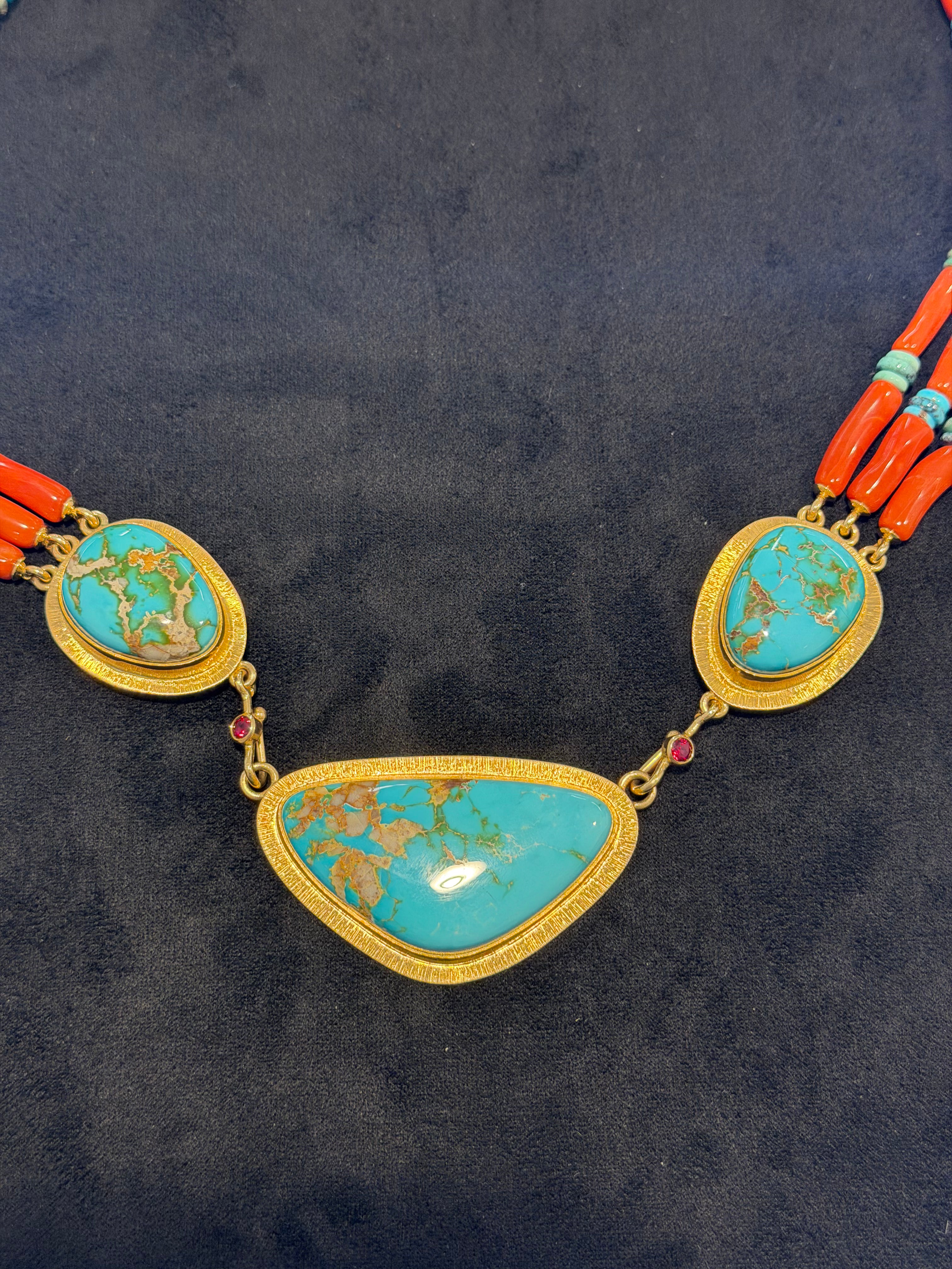 Larry Vasquez Gold, Roysten Turquoise and Mediterranean Coral Necklace