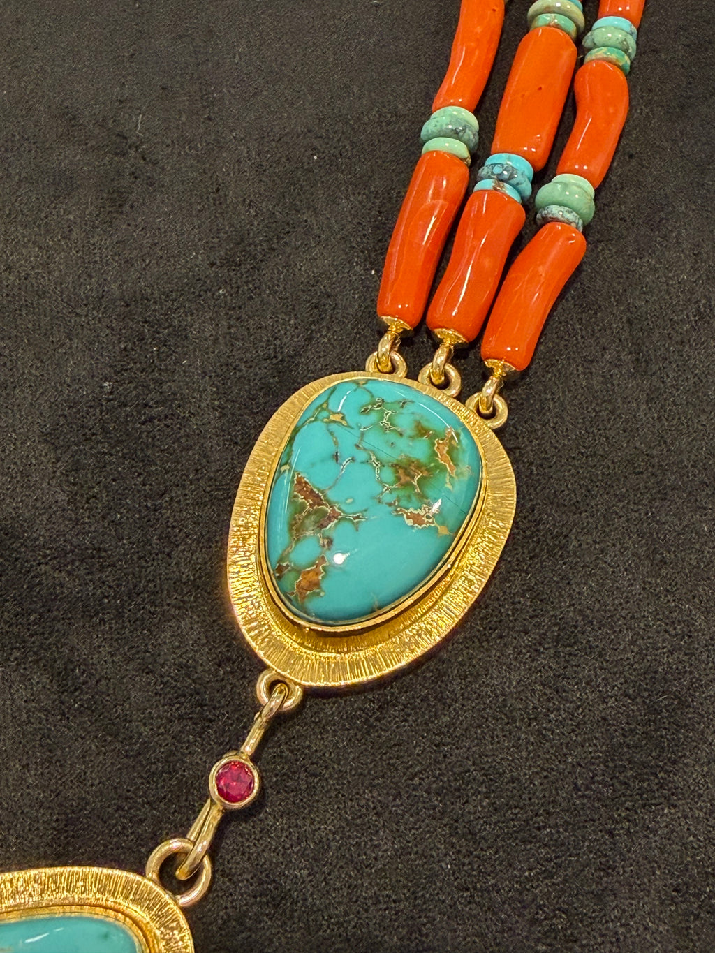 Larry Vasquez Gold, Roysten Turquoise and Mediterranean Coral Necklace