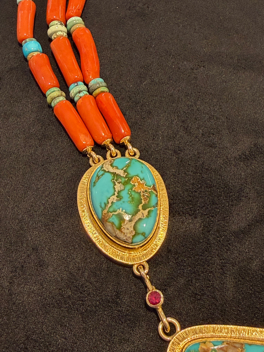 Larry Vasquez Gold, Roysten Turquoise and Mediterranean Coral Necklace