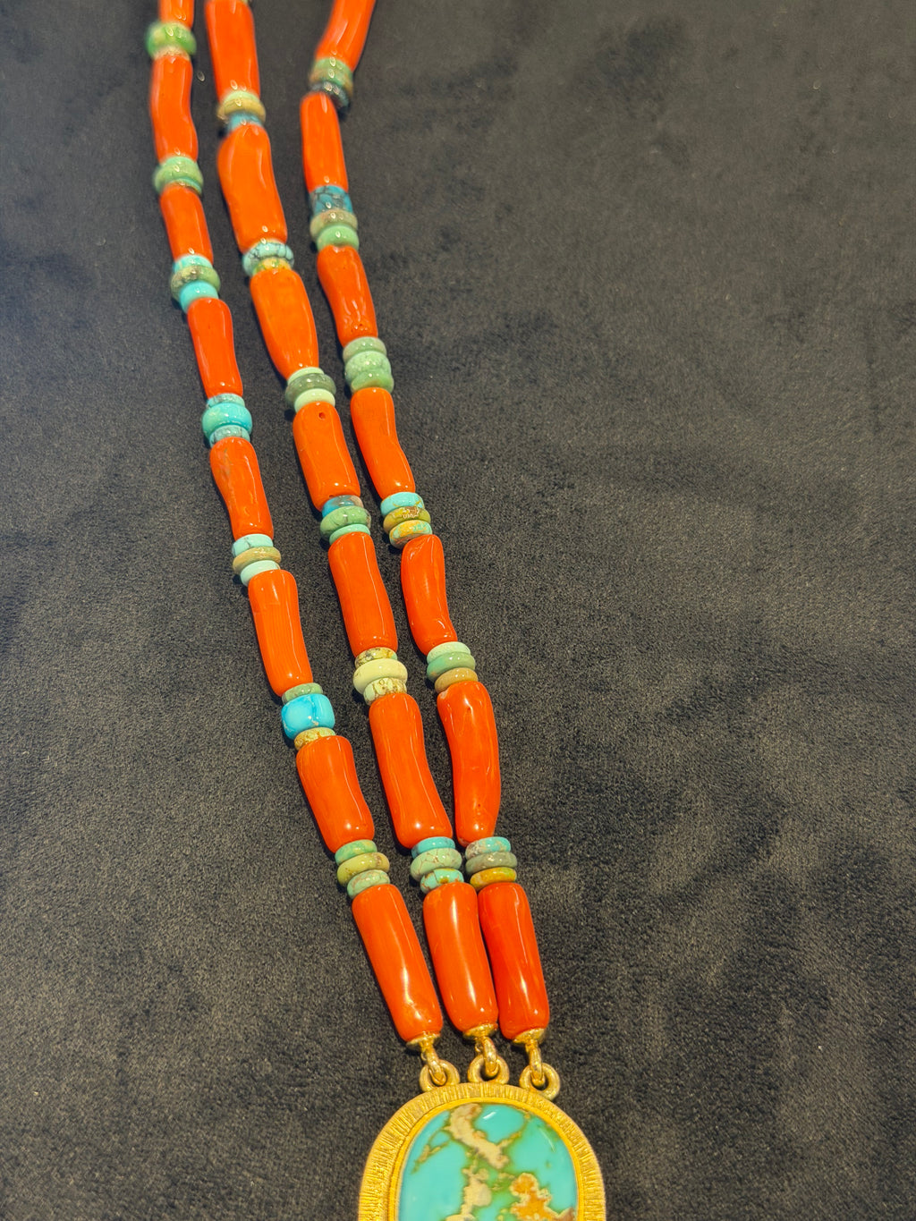 Larry Vasquez Gold, Roysten Turquoise and Mediterranean Coral Necklace