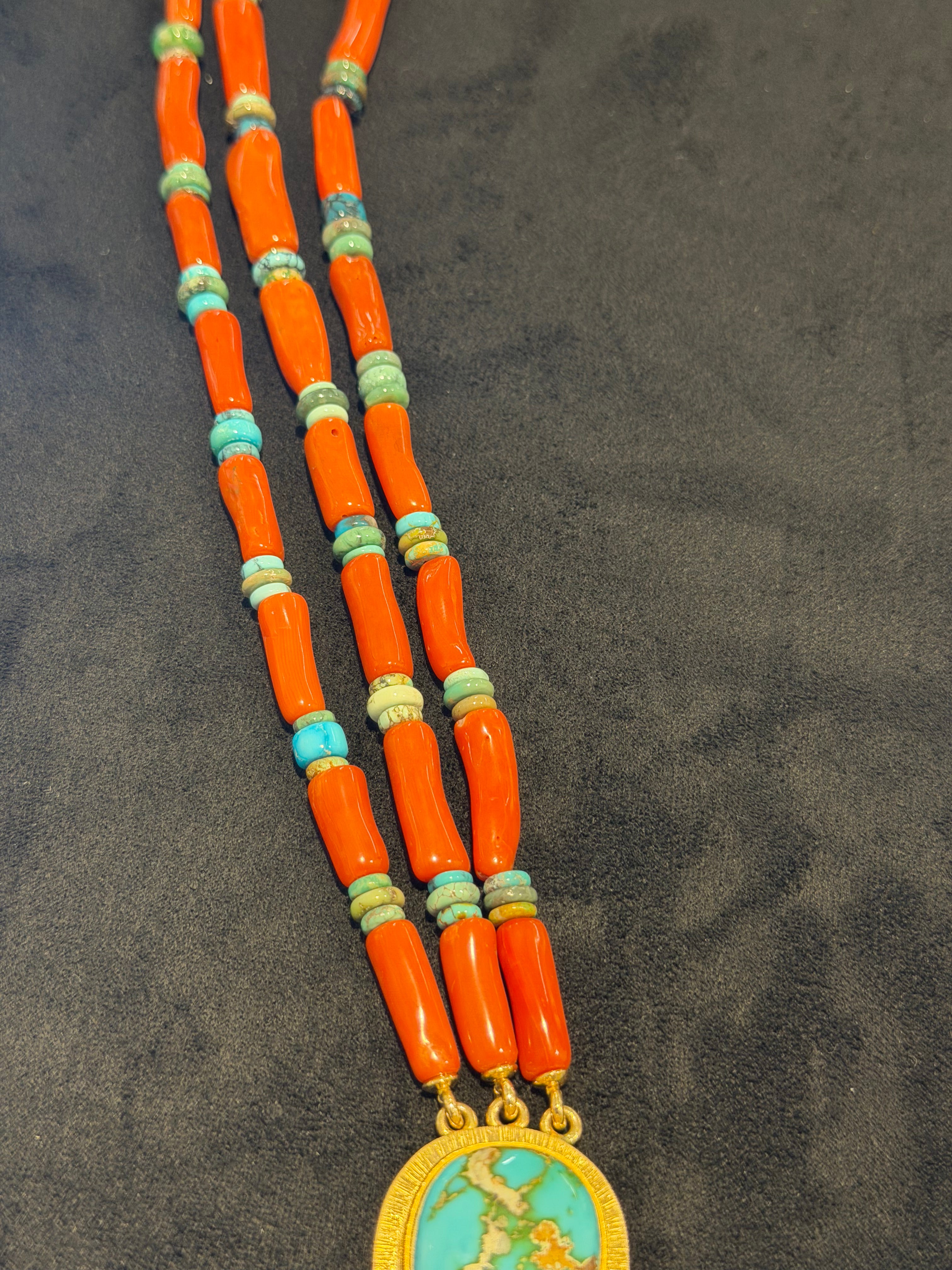 Larry Vasquez Gold, Roysten Turquoise and Mediterranean Coral Necklace