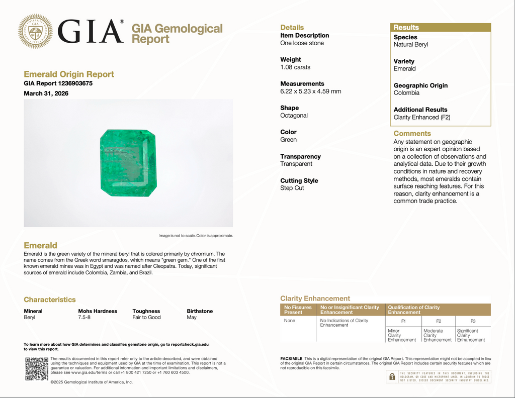 1.08 Columbian Emerald, Asscher Cut, F2, GIA Certified