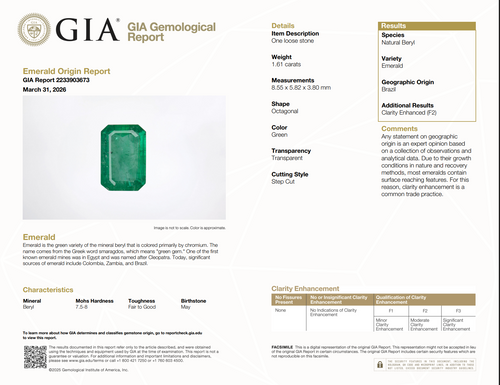 1.61 Brazilian Emerald, Emerald Cut, F2, GIA Certified