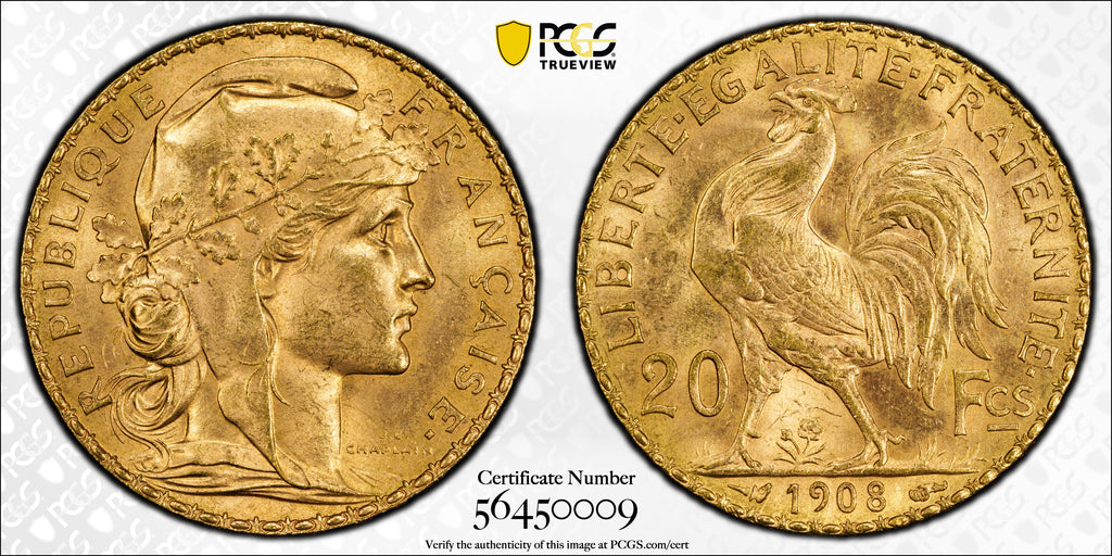 France “1908” 20 Francs Marianne Rooster Gold Restrike PCGS MS65