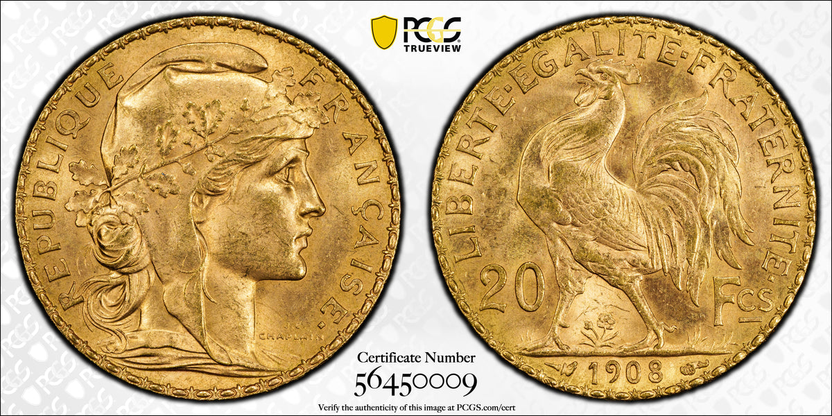 France “1908” 20 Francs Marianne Rooster Gold Restrike PCGS MS65