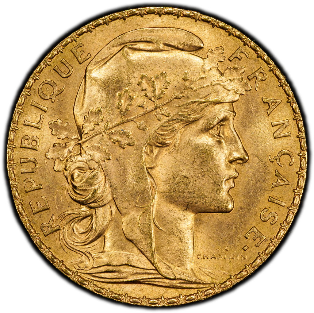 France “1908” 20 Francs Marianne Rooster Gold Restrike PCGS MS65