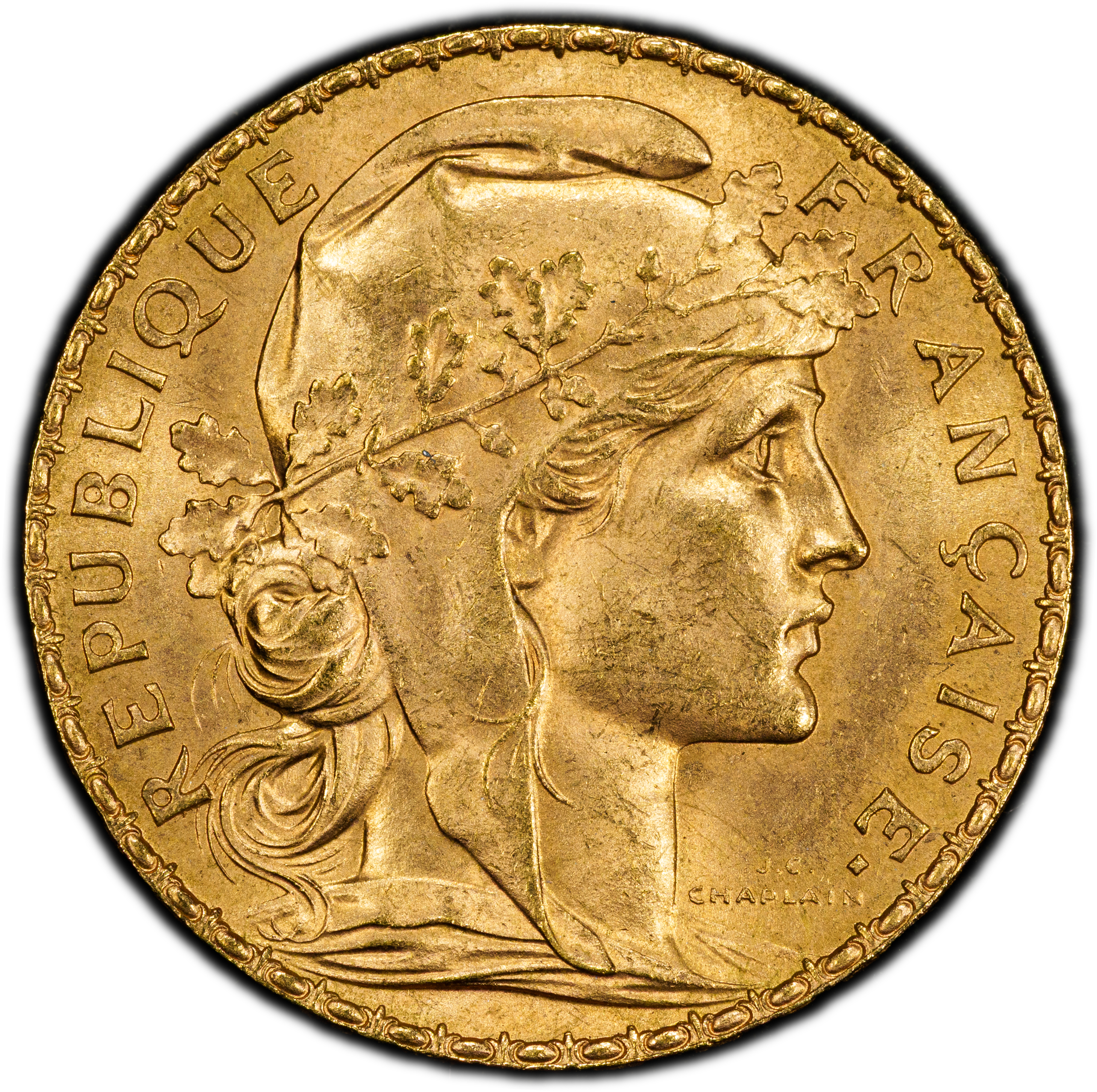 France “1908” 20 Francs Marianne Rooster Gold Restrike PCGS MS65