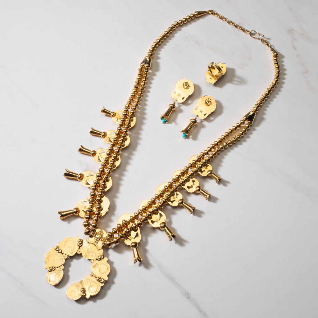 KALIFANO Native American Jewelry Mona Van Riper Bisbee Turquoise Squash Blossom Set with 22 oz 18k Gold & VVS Diamonds NA-MVP
