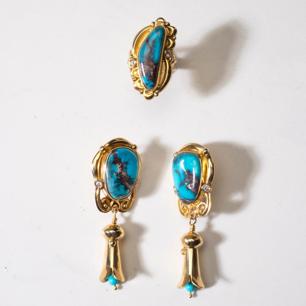 KALIFANO Native American Jewelry Mona Van Riper Bisbee Turquoise Squash Blossom Set with 22 oz 18k Gold & VVS Diamonds NA-MVP