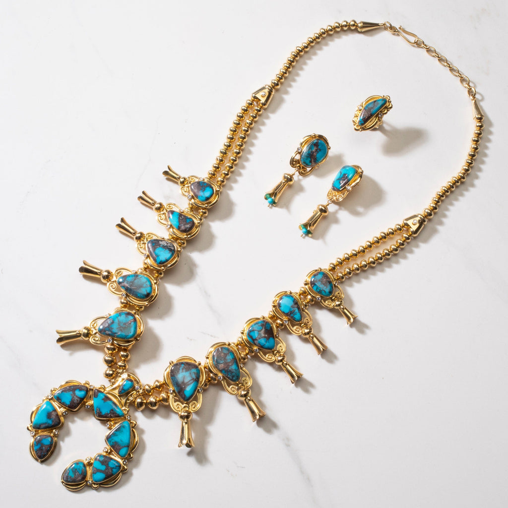 KALIFANO Native American Jewelry Mona Van Riper Bisbee Turquoise Squash Blossom Set with 22 oz 18k Gold & VVS Diamonds NA-MVP