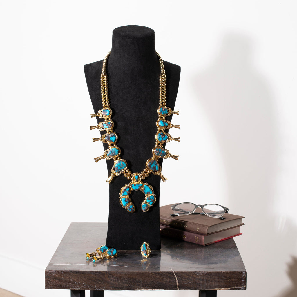 KALIFANO Native American Jewelry Mona Van Riper Bisbee Turquoise Squash Blossom Set with 22 oz 18k Gold & VVS Diamonds NA-MVP