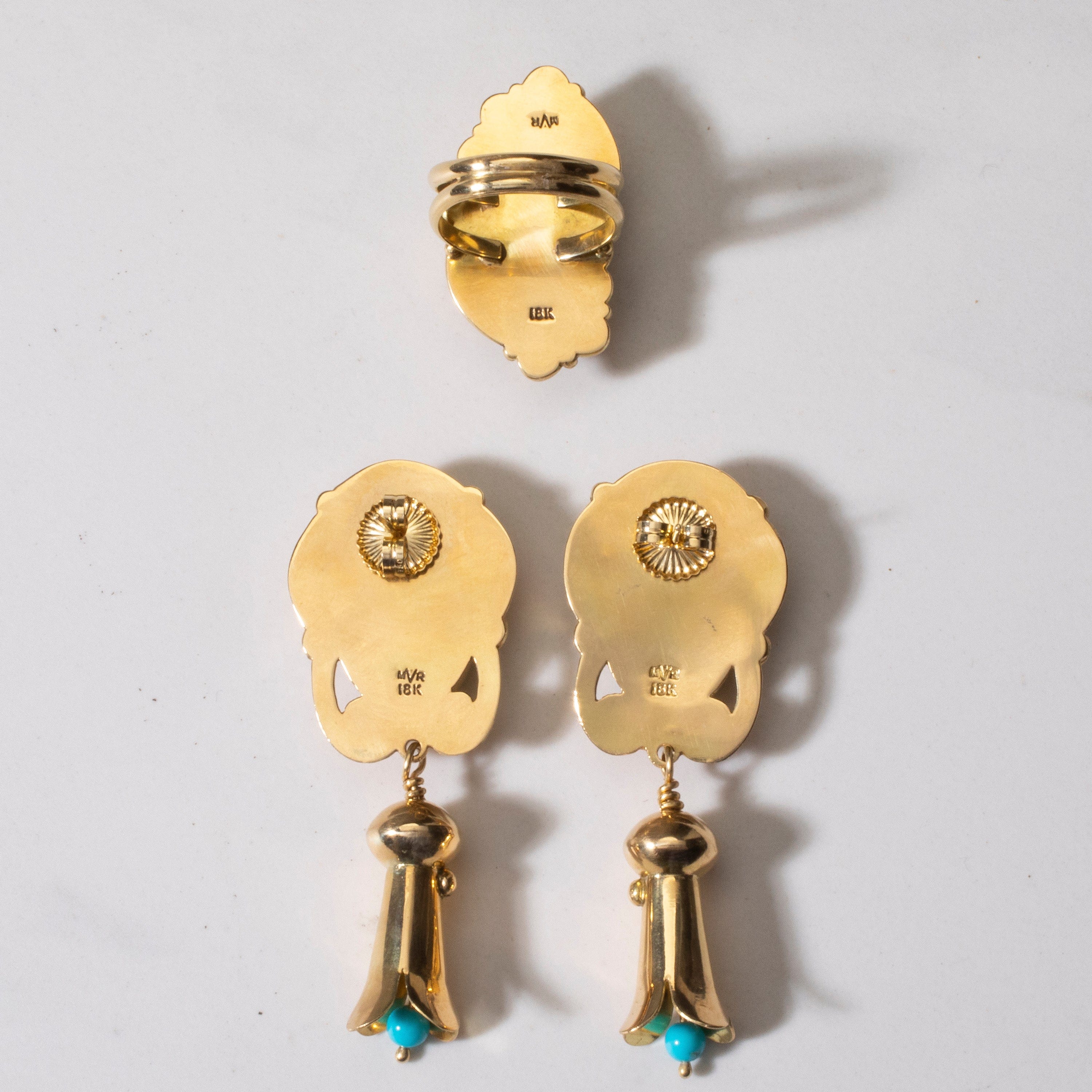 KALIFANO Native American Jewelry Mona Van Riper Bisbee Turquoise Squash Blossom Set with 22 oz 18k Gold & VVS Diamonds NA-MVP