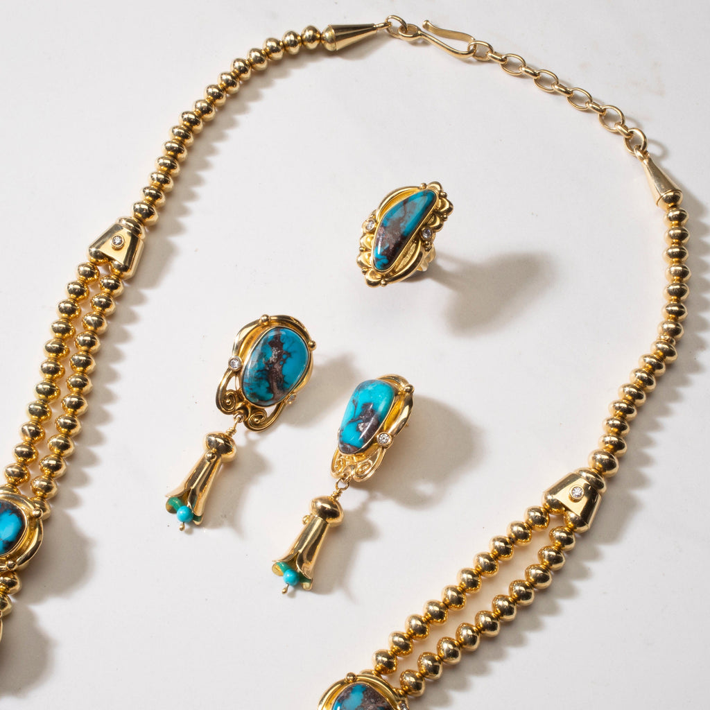 KALIFANO Native American Jewelry Mona Van Riper Bisbee Turquoise Squash Blossom Set with 22 oz 18k Gold & VVS Diamonds NA-MVP