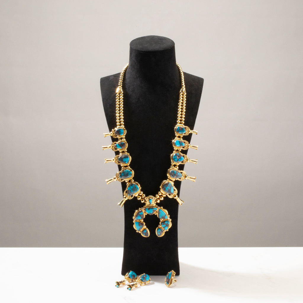 KALIFANO Native American Jewelry Mona Van Riper Bisbee Turquoise Squash Blossom Set with 22 oz 18k Gold & VVS Diamonds NA-MVP