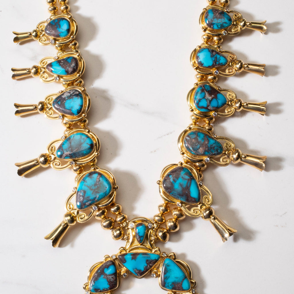 KALIFANO Native American Jewelry Mona Van Riper Bisbee Turquoise Squash Blossom Set with 22 oz 18k Gold & VVS Diamonds NA-MVP