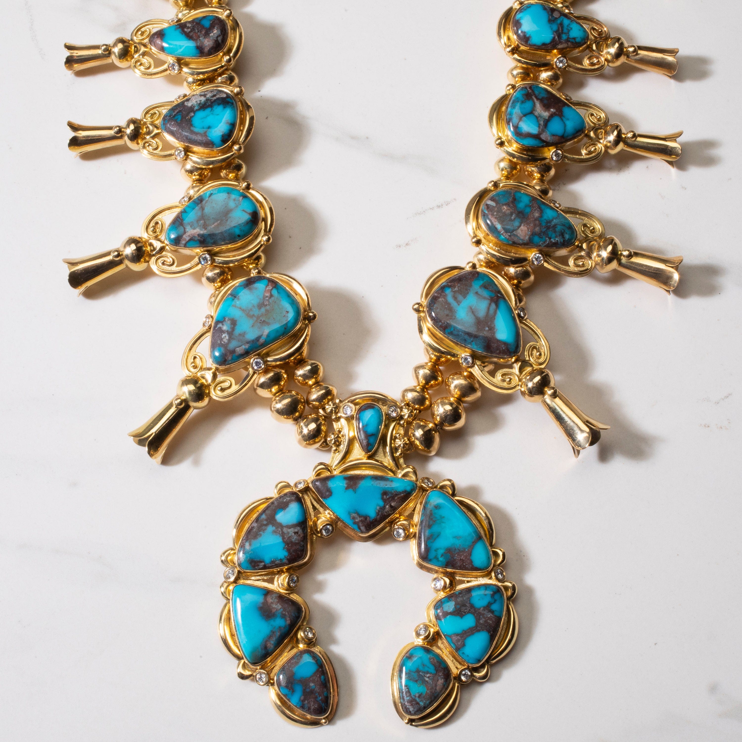 KALIFANO Native American Jewelry Mona Van Riper Bisbee Turquoise Squash Blossom Set with 22 oz 18k Gold & VVS Diamonds NA-MVP