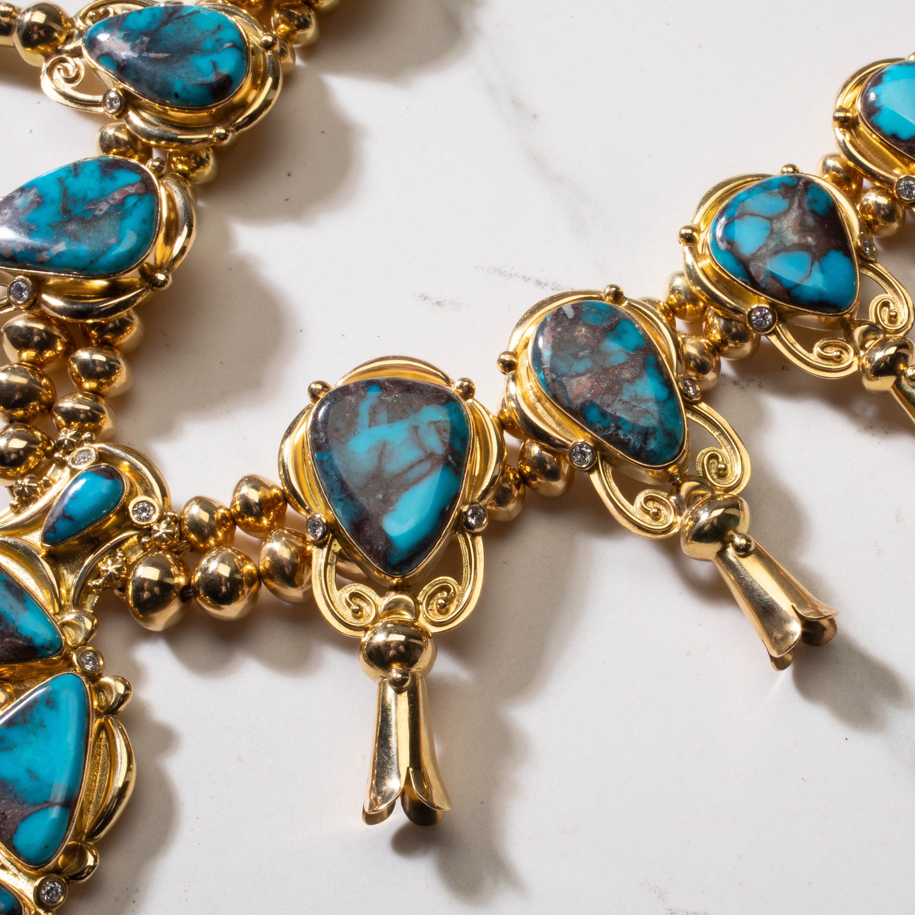 KALIFANO Native American Jewelry Mona Van Riper Bisbee Turquoise Squash Blossom Set with 22 oz 18k Gold & VVS Diamonds NA-MVP