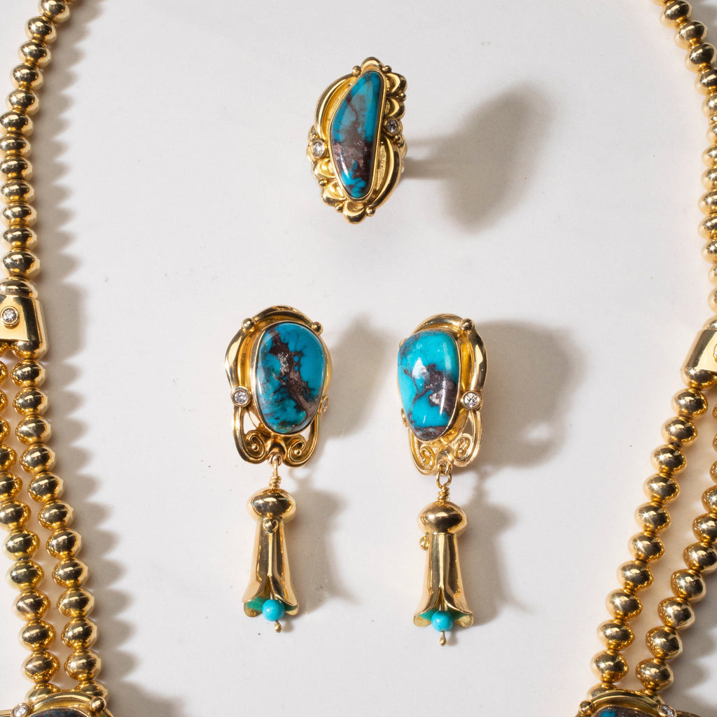 KALIFANO Native American Jewelry Mona Van Riper Bisbee Turquoise Squash Blossom Set with 22 oz 18k Gold & VVS Diamonds NA-MVP