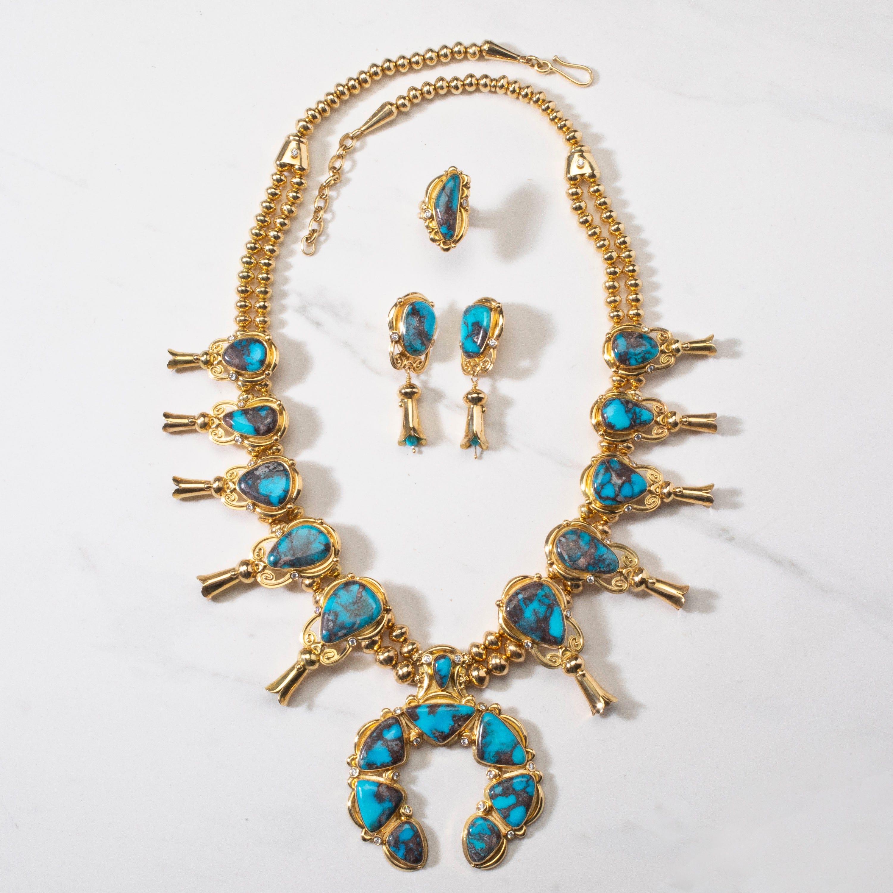 KALIFANO Native American Jewelry Mona Van Riper Bisbee Turquoise Squash Blossom Set with 22 oz 18k Gold & VVS Diamonds NA-MVP