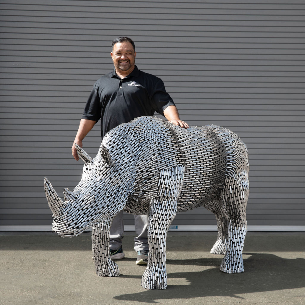 Kalifano Recycled Metal Art Walking Rhino Stainless Steel Pipe Sculpture SSS-R216