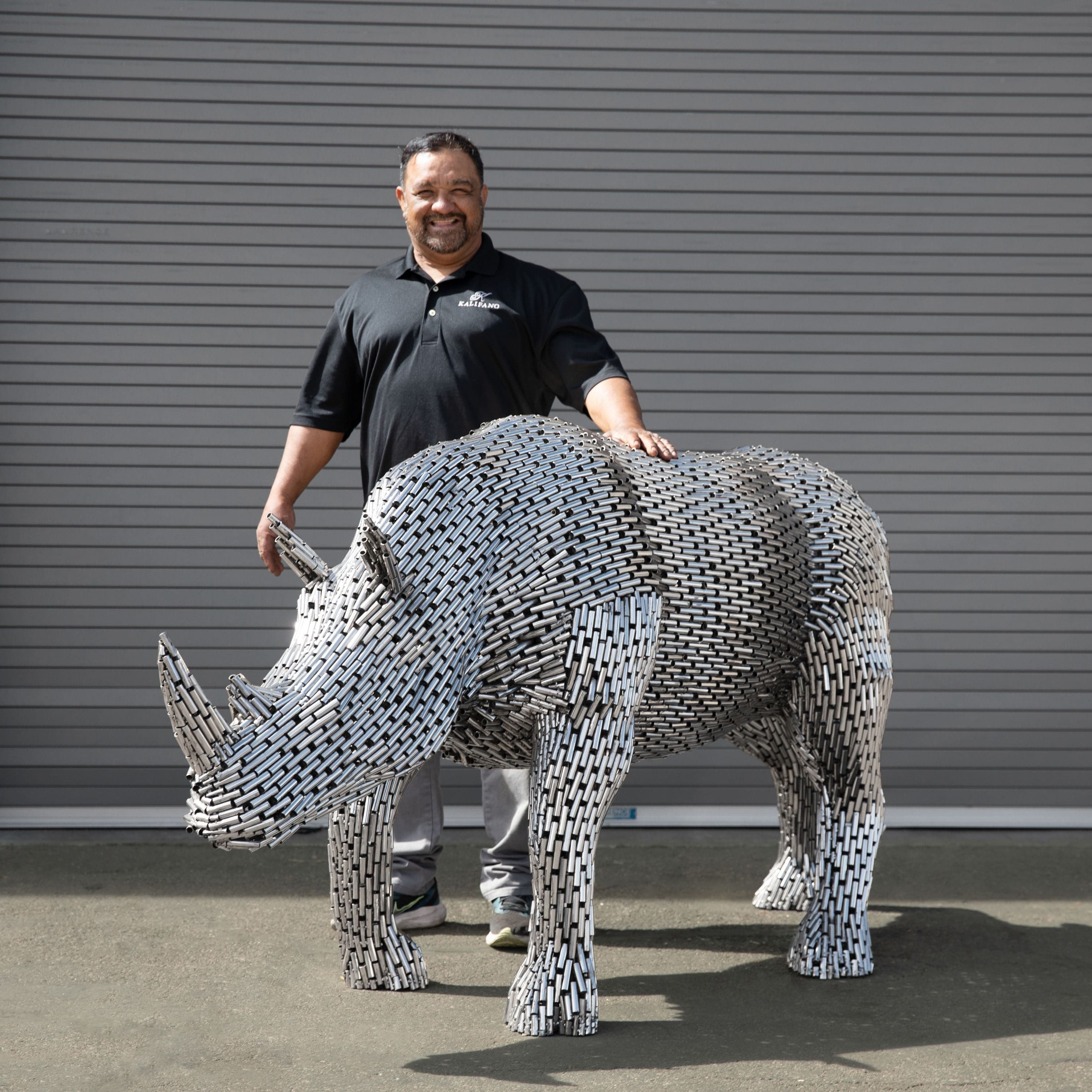 Kalifano Recycled Metal Art Walking Rhino Stainless Steel Pipe Sculpture SSS-R216