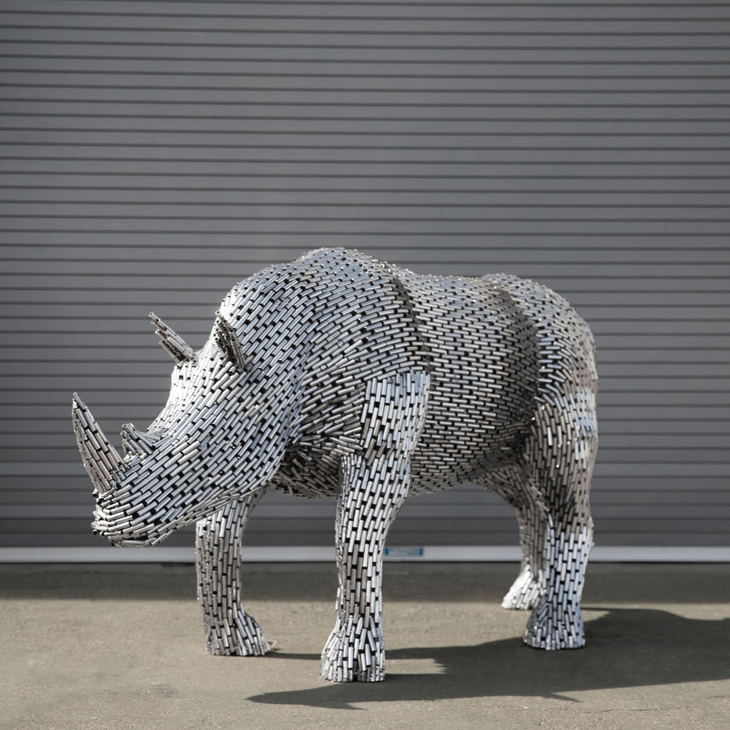 Kalifano Recycled Metal Art Walking Rhino Stainless Steel Pipe Sculpture SSS-R216